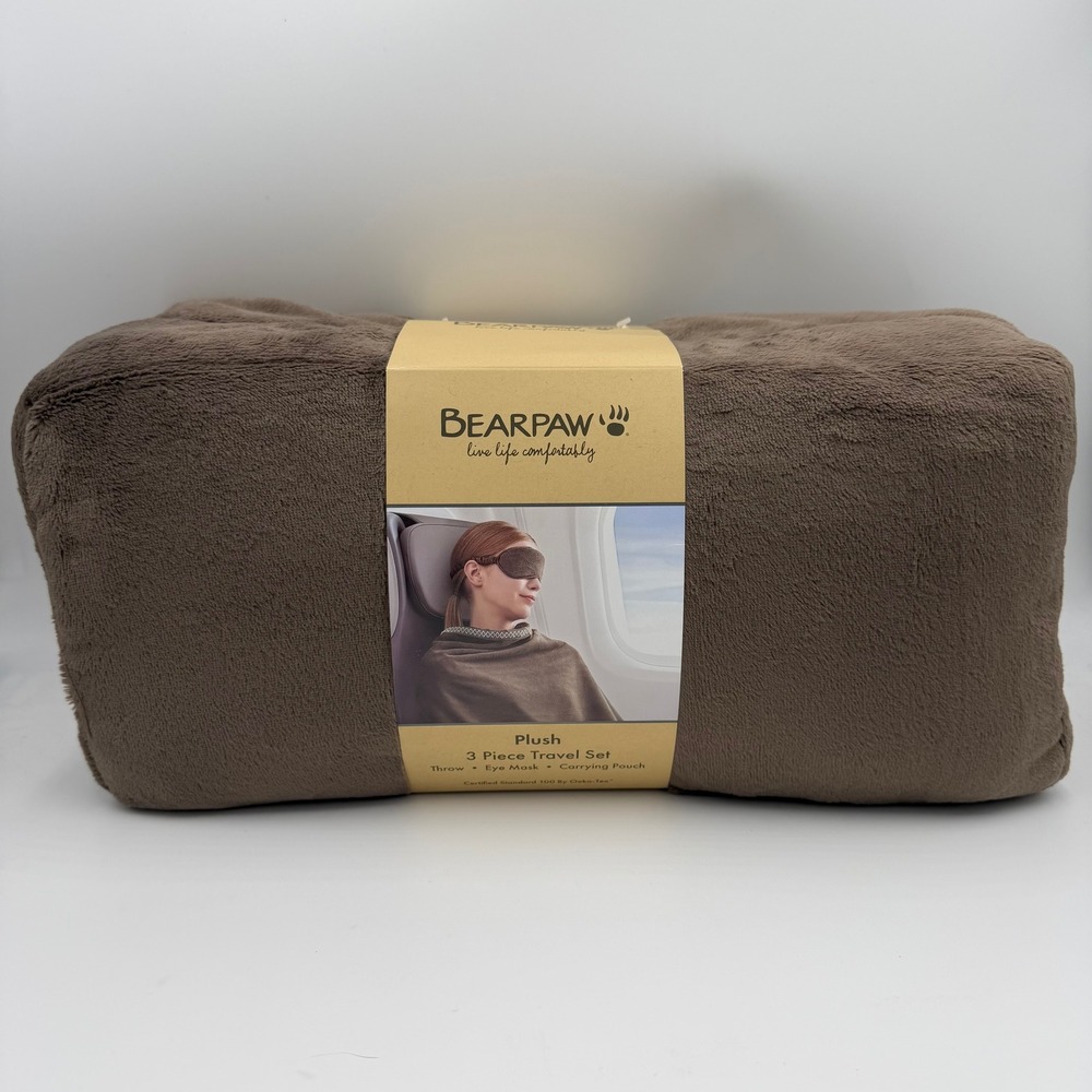 NWT Bearpaw Plush 3 Piece Travel Set Iron Brown Throw Eye Mask Carrying Pouch